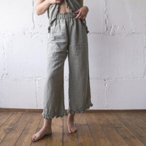 LINEN PANT RUFFLE , linen pants woman clothing oversize